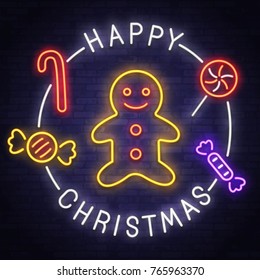 Happy Christmas. Christmas cookies. Lollipop. Cookies with candy. Neon logo, label, emblem, banner. with the New year. Vector image