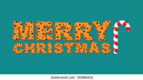 Happy Christmas cookies typography. Letters of cookie. Peppermint Christmas candy. New Year food sign. Mint lollipop stick. Sweet festive lettering
