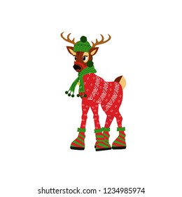 Happy Christmas cute deer in a cap and scarf isolated on white background. Great for Christmas and New Year posters, banners, gift tags and labels.