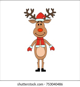 Happy Christmas Cute Deer Red Nose And Scarf Isolated White Background Vector illustration