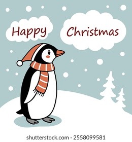 Happy Christmas Cute Penguin in Winter Wonderland