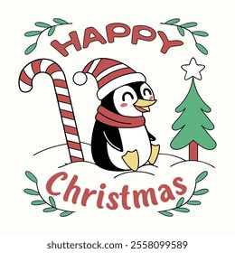 Happy Christmas Cute Penguin in Winter Wonderland