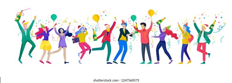 Happy Christmas Day Celebrating together happy. Group of cartoon people in Santa hats and children. Jump and throw gift. Merry Christmas and Happy New Year or birthday party friends character