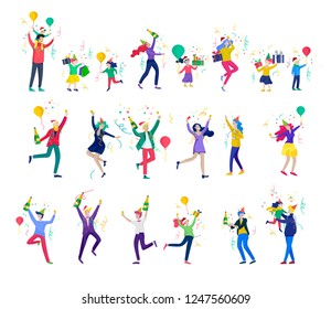 Happy Christmas Day Celebrating together happy. Group of cartoon people in Santa hats and children. Jump and throw gift. Merry Christmas and Happy New Year or birthday party friends character