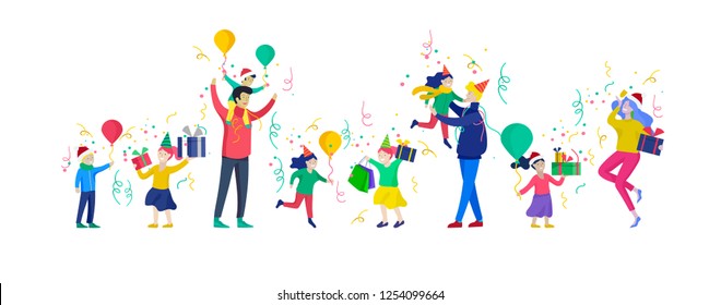 Happy Christmas Day Celebrating together happy. Group of cartoon people in Santa hats and children. Jump and throw gift. Merry Christmas and Happy New Year family character. Illustration, vector