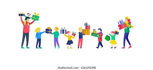 Happy Christmas Day Celebrating together happy. Group of cartoon people in Santa hats and children. Jump and throw gift. Merry Christmas and Happy New Year family character. Illustration, vector