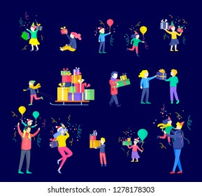 Happy Christmas Day Celebrating together happy. Group of cartoon people in Santa hats and children. Jump and throw gift. Merry Christmas and Happy New Year or birthday party friends character