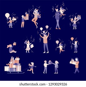 Happy Christmas Day Celebrating together happy. Group of cartoon people in Santa hats and children. Jump and throw gift. Merry Christmas and Happy New Year family character. Illustration, vector