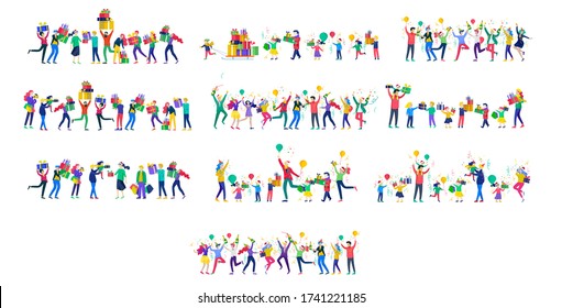 Happy Christmas Day Celebrating together happy. Group of cartoon people in Santa hats and children. Jump and throw gift. Merry Christmas and Happy New Year or birthday party friends character