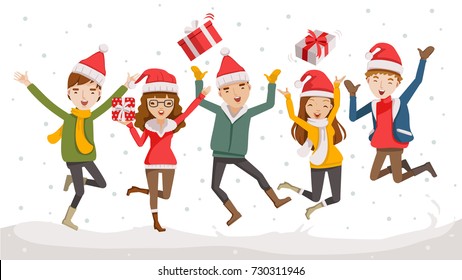 Happy Christmas Day Celebrating  together happy. Group of cartoon young people in Santa hats. Jump and throw gifts on the sky in the snow in winter.  Illustration, vector