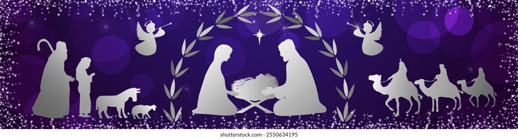 Feliz Natal banner decorativo. Igreja serviço de decoração horizontal com cena Natividade. Botão da Web com imagem Xmas. Silhueta de personagens bíblicos. Fundo de férias com moldura brilhante. Design de presentes.