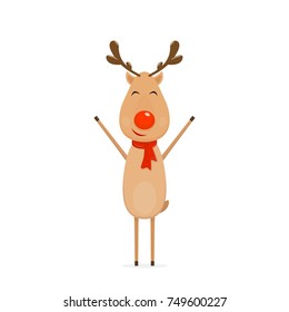 Happy Christmas deer with red nose and scarf isolated on white background, illustration.