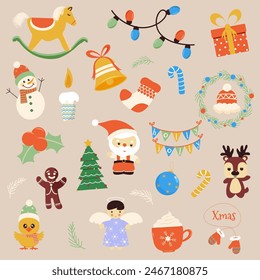 Happy Christmas Design Element Vector Illustration Set Isolated On A Plain Background. Greeting cards template and backgrounds big collection set with gift boxes,people and Xmas tree isolated on white