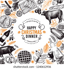 Happy Christmas Dinner design template. Vector hand drawn illustrations. Greeting card in vintage style. Frame with harvest, vegetables, pastry, bakery, meat. Can be use for invitation or menu cover