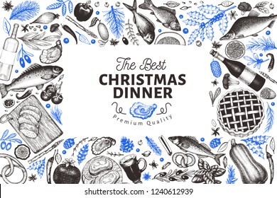 Happy Christmas Dinner design template. Vector hand drawn illustrations. Greeting card in vintage style. Frame with harvest, vegetables, pastry, bakery, seafood, fish. Great for invitation, menu cover