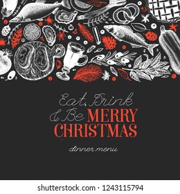 Happy Christmas Dinner design template. Vector hand drawn illustrations on chalk board. Card in vintage style. Background with vegetables, bakery, seafood, fish. Great for invitation, menu cover