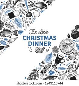 Happy Christmas Dinner design template. Vector hand drawn illustrations. Greeting card in vintage style. Backdrop with harvest, vegetables, bakery, seafood, fish. Great for invitation, menu cover