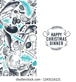 Happy Christmas Dinner design template. Vector hand drawn illustrations. Greeting card in vintage style. Background with meal vegetables, bakery, seafood, fish. Great for invitation, menu cover