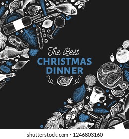 Happy Christmas Dinner design template. Vector hand drawn illustrations on chalk board. Card in vintage style. Background with vegetables, bakery, seafood, fish. Great for invitation, menu cover