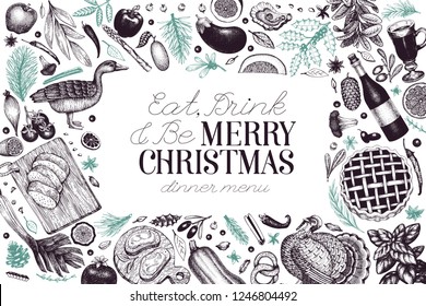 Happy Christmas Dinner design template. Vector hand drawn illustrations. Greeting card in vintage style. Frame with harvest, vegetables, pastry, bakery, meat. Great for invitation or menu cover