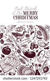 Happy Christmas Dinner design template. Vector hand drawn illustrations. Greeting card in vintage style. Frame with harvest, vegetables, pastry, bakery, meat. Great for invitation or menu cover