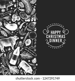 Happy Christmas Dinner design template. Vector hand drawn illustrations on chalk board. Vntage style card. Frame with harvest, vegetables, pastry, bakery, meat. Can be use for invitation or menu cover