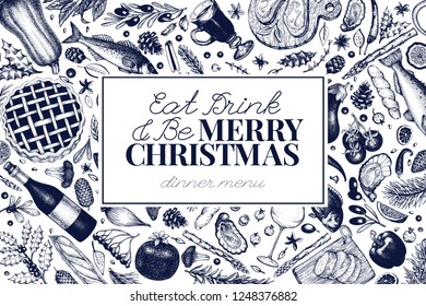 Happy Christmas Dinner design template. Vector hand drawn illustrations. Greeting card in vintage style. Background with harvest, vegetables, bakery, seafood, fish. Great for invitation, menu cover