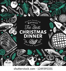 Happy Christmas Dinner design template. Vector hand drawn illustrations on chalk board. Vintage style card. Frame with meal vegetables, pastry, bakery, seafood, fish. Great for invitation, menu cover