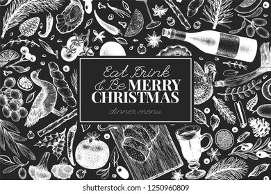 Happy Christmas Dinner design template. Vector hand drawn illustrations. Greeting card in vintage style. Frame with harvest, vegetables, pastry, bakery, meat. Great for invitation or menu cover