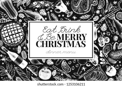 Happy Christmas Dinner design template. Vector hand drawn illustrations. Greeting card in vintage style. Background with harvest, vegetables, bakery, seafood, fish. Great for invitation, menu cover