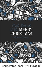 Happy Christmas Dinner design template. Vector hand drawn illustrations. Greeting card in vintage style. Background with harvest, vegetables, bakery, seafood, fish. Great for invitation, menu cover