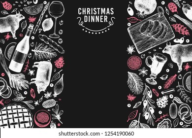 Happy Christmas Dinner design template. Vector hand drawn illustrations on chalk board. Vntage style card. Frame with harvest, vegetables, pastry, bakery, meat. Can be use for invitation or menu cover