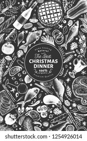 Happy Christmas Dinner design template. Vector hand drawn illustrations. Greeting card in vintage style. Background with harvest, vegetables, bakery, seafood, fish. Great for invitation, menu cover