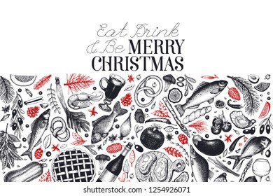 Happy Christmas Dinner design template. Vector hand drawn illustrations. Greeting card in vintage style. Background with harvest, vegetables, bakery, seafood, fish. Great for invitation, menu cover