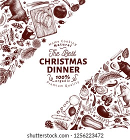 Happy Christmas Dinner design template. Vector hand drawn illustrations on chalk board. Vntage style card. Frame with harvest, vegetables, pastry, bakery, meat. Can be use for invitation or menu cover