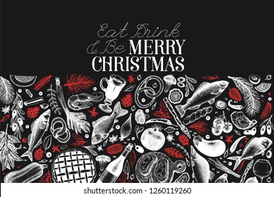 Happy Christmas Dinner design template. Vector hand drawn illustrations. Greeting card in vintage style. Background with harvest, vegetables, bakery, seafood, fish. Great for invitation, menu cover
