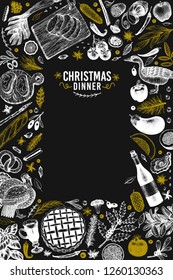 Happy Christmas Dinner design template. Vector hand drawn illustrations on chalk board. Vintage style card. Frame with harvest, vegetables, pastry, bakery, meat. Great for invitation or menu cover