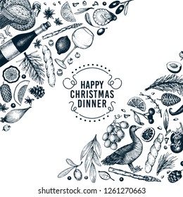 Happy Christmas Dinner design template. Vector hand drawn illustrations. Greeting card in vintage style. Frame with harvest, vegetables, pastry, bakery, meat. Great for invitation or menu cover