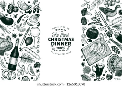 Happy Christmas Dinner design template. Vector hand drawn illustrations. Greeting card in vintage style. Frame with harvest, vegetables, pastry, bakery, meat. Great for invitation or menu cover
