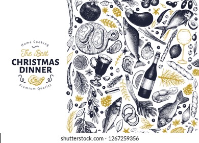 Happy Christmas Dinner design template. Vector hand drawn illustrations. Greeting card in vintage style. Background with harvest, vegetables, bakery, seafood, fish. Great for invitation, menu cover