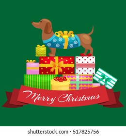 Happy Christmas dogs on stack of presents, xmas gifts for animals vector illustration
