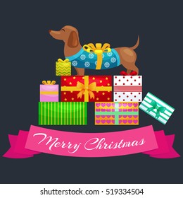 Happy Christmas dogs on stack of presents, xmas gifts for animals vector illustration