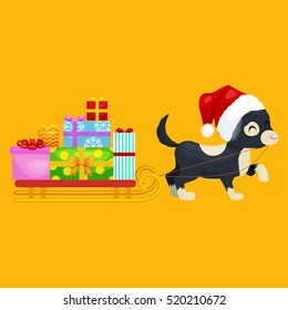 Happy Christmas dogs on stack of presents, xmas gifts for animals vector illustration