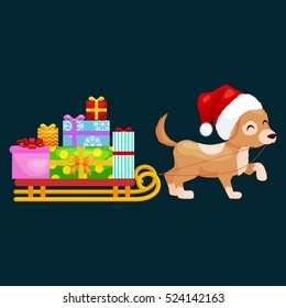 Happy Christmas dogs on stack of presents, xmas gifts for animals vector illustration