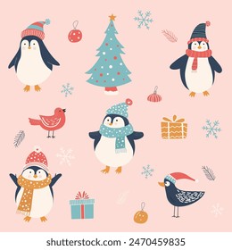 Happy Christmas Doodle Penguin Element Vector Flat Illustration Set Isolated On A Pink Background. Penguins Cartoon character for Greeting cards template and backgrounds collection set with gift boxes