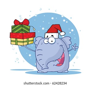 Happy Christmas Elephant Holds Up Gifts In The Snow