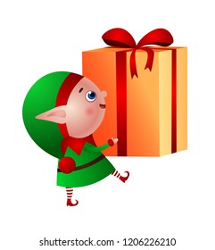 Happy Christmas elf carrying gift box vector illustration. New Year, preset, surprise. Christmas concept. Vector illustration can be used for topics like holiday, celebration, fantasy