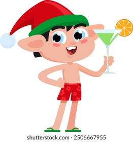 Happy Christmas Elf Cartoon Character Drinking Cocktail On The Beach. Vector Illustration Flat Design Isolated On Transparent Background