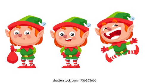 Happy Christmas Elf Character Set On White Background. Cartoon Style Vector Illustration.