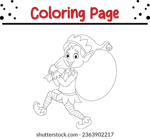 Feliz resumen de página de coloreado de elfo de Navidad para niños. Ilustración del libro de colorear navideño aislada en fondo blanco.